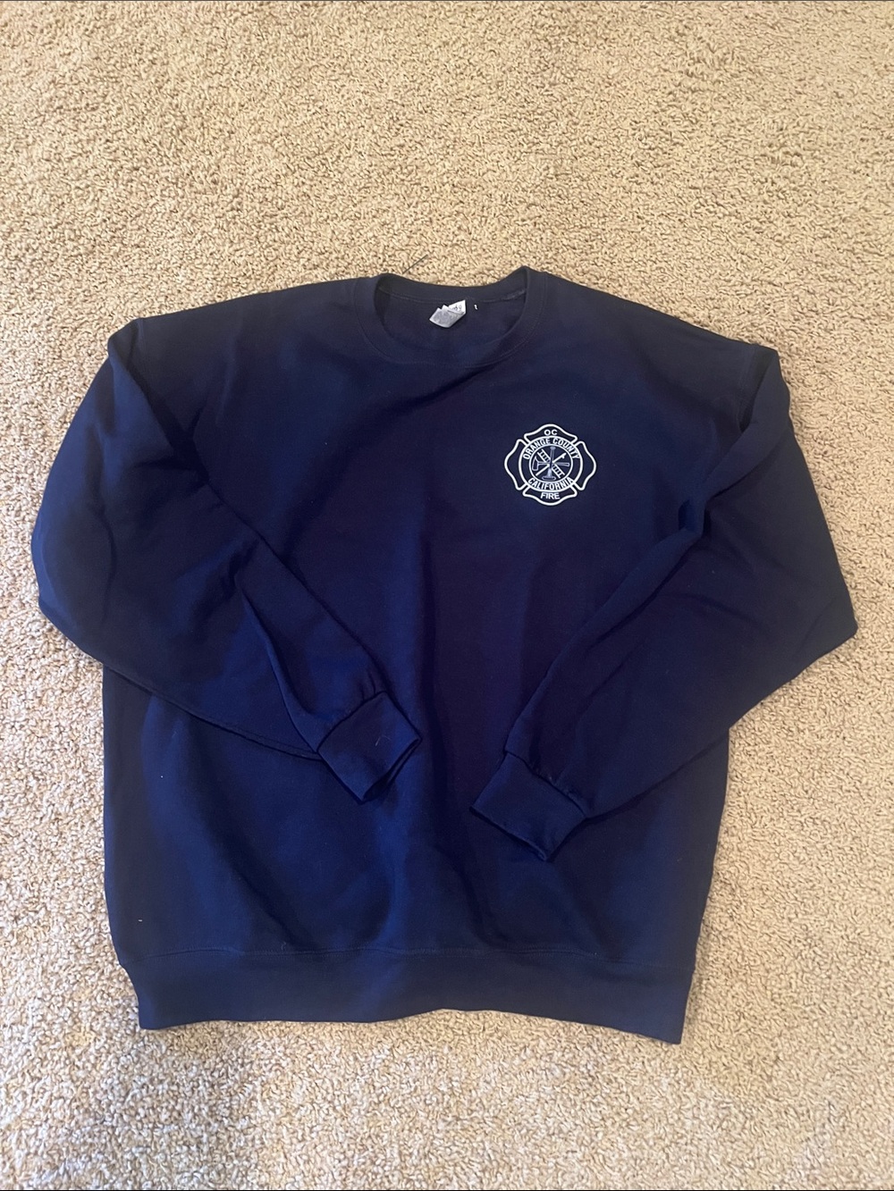 Jerzees Navy Crewneck Sweatshirt with Orange County Fire Department logo